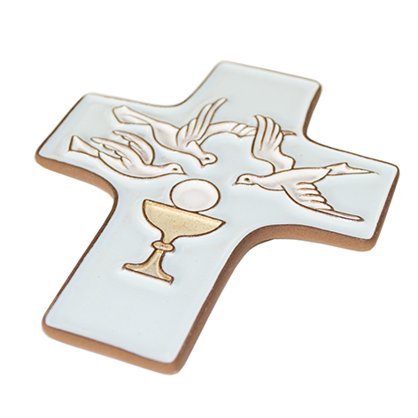 [MKR-58VG13B] Croix  céramique - Calice & 3 colombes - bleu ciel (95x120mm)