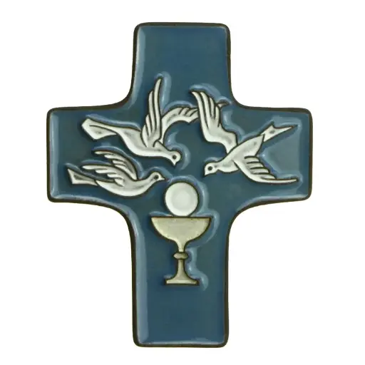 [MKR-58VG13C] Croix  céramique - Calice & 3 colombes - bleu foncée (95x120mm)