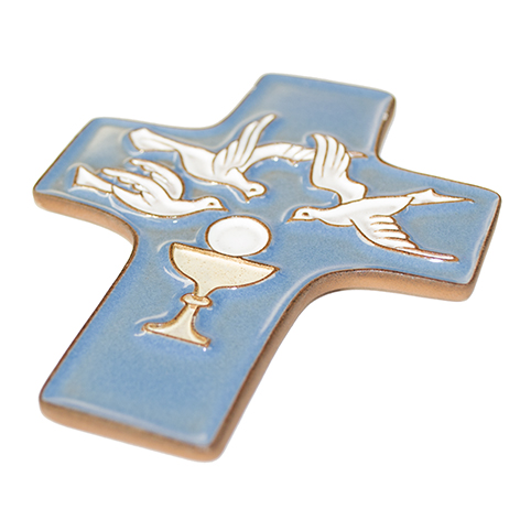 [MKR-58VG13C] Croix  céramique - Calice & 3 colombes - bleu foncée (95x120mm)