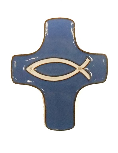 [MKR-58VG150C] Kruisbeeld keramiek - Ichtus - donkerblauw/wit (75x90mm)