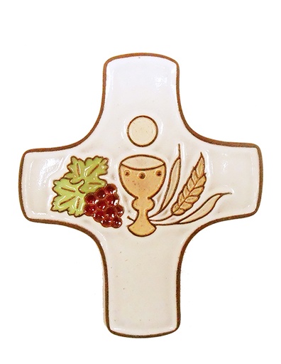 [MKR-58VG151A] Keramik Kreuz - Kelch & 3 Symbole - Weiss (75x90mm)