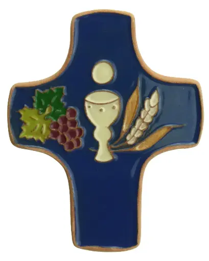 [MKR-58VG151C] Croix  céramique - Calice & 3 symboles- bleu foncée (75x90mm)