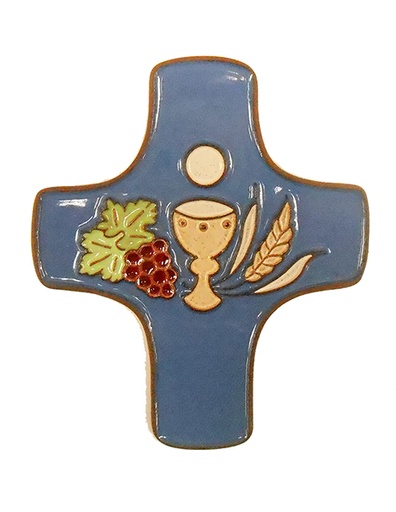 [MKR-58VG151C] Croix  céramique - Calice & 3 symboles- bleu foncée (75x90mm)