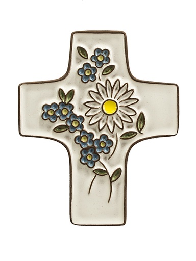 [MKR-58VG33A] Croix  céramique - Myosotis - blanche (75x90mm)