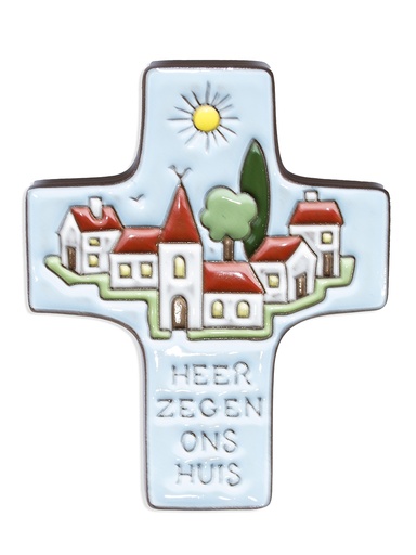 [MKR-58VG34B] Croix  céramique - 'Heer zegen...' - bleu ciel (95x120mm)