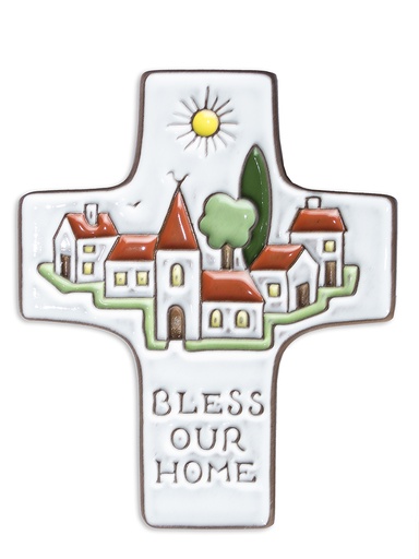 [MKR-58VG35A] Croix  céramique - 'Bless our home' - blanche (95x120mm)