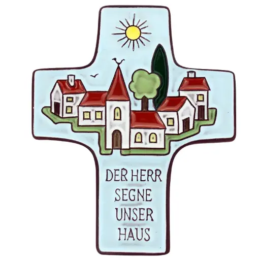 [MKR-58VG36B] Kruisbeeld 'Der Herr segne unser Ha us' - keramiek/lichtblauw - 9,5x11cm