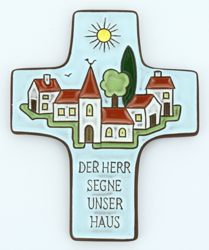 [MKR-58VG36B] Kruisbeeld 'Der Herr segne unser Ha us' - keramiek/lichtblauw - 9,5x11cm