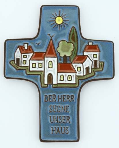 [MKR-58VG36C] Kruisbeeld 'Der Herr segne unser Ha us' - keramiek/donkerblauw - 9,5x11cm