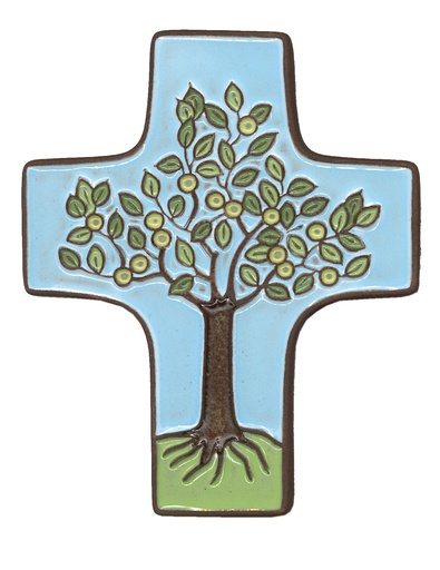[MKR-58VG503B] Croix  céramique - Arbre de vie - blue claire (95x120mm)
