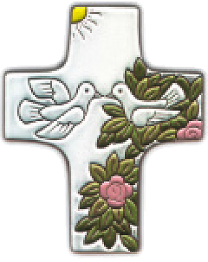 [MKR-58VG54A] Ceramic cross - 2 pigeons - White (95x120mm)