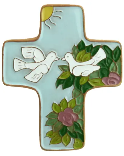 [MKR-58VG54B] Croix  céramique - 2 colombes - bleu claire (95x120mm)