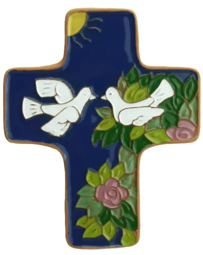 [MKR-58VG54C] Keramik Kreuz - 2 Tauben - Dunkelblau (95x120mm)