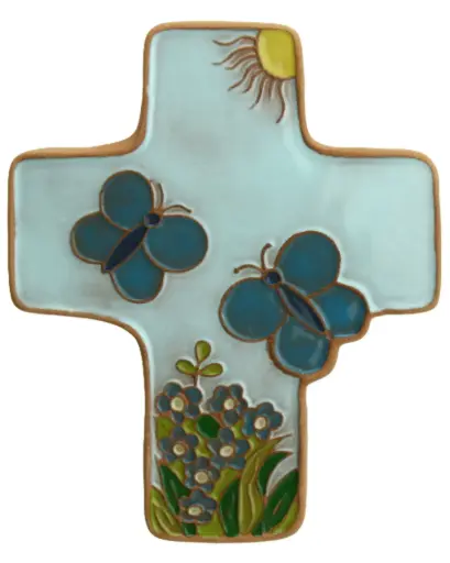 [MKR-58VG55B] Croix  céramique - Pappillons - bleu claire (95x120mm)