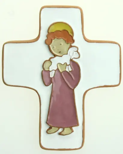 [MKR-58VG70B] Keramik Kreuz - Gute Hirt - Rosa (95x120mm)