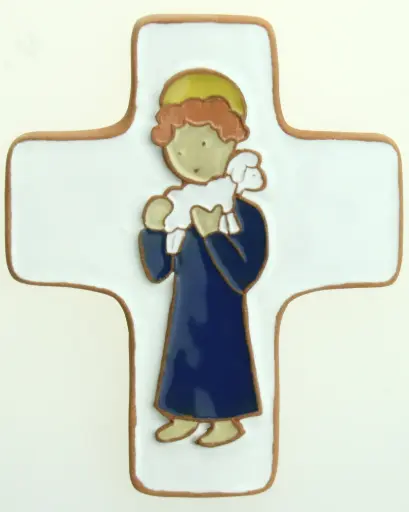 [MKR-58VG70D] Keramik Kreuz - Gute Hirt - Dunkelblau (95x120mm)