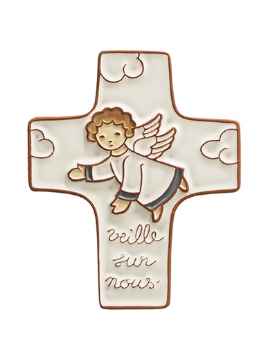 [MKR-58VG71A] Ceramic cross - 'Veille sur nous' - White (95x120mm)