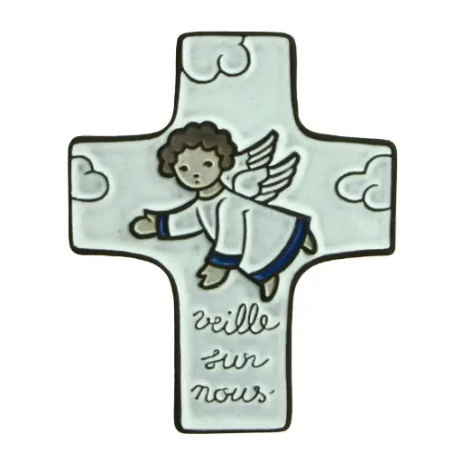 [MKR-58VG71A] Croix  céramique - 'Veille sur nous' - blanche (95x120mm)