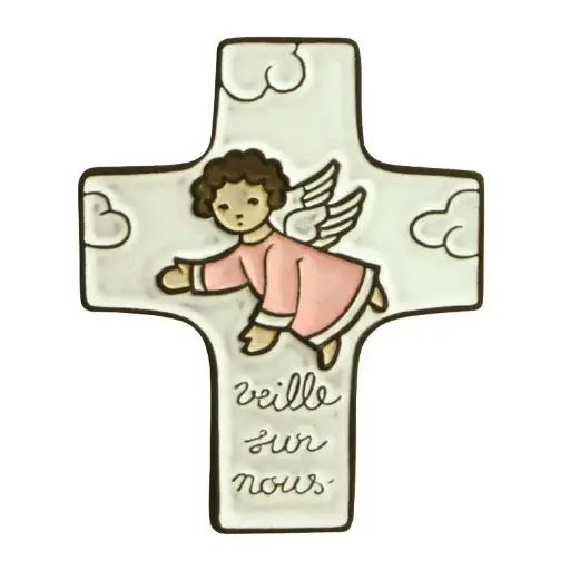 [MKR-58VG71B] Croix  céramique - 'Veille sur nous' - rose (95x120mm)