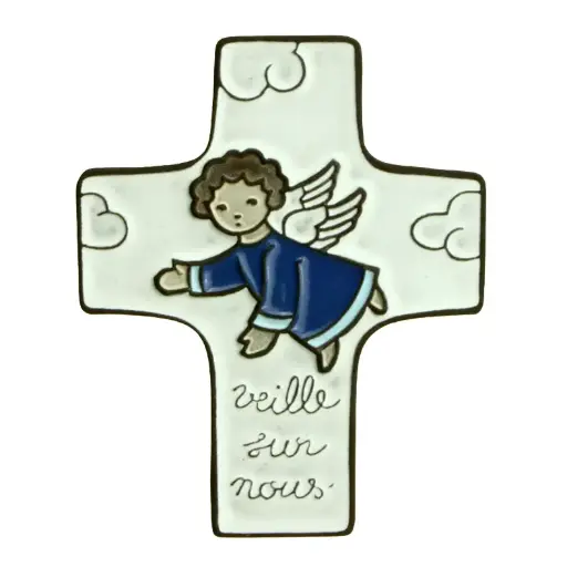 [MKR-58VG71D] Keramik Kreuz - 'Veille sur nous' - Dunkelblau (95x120mm)