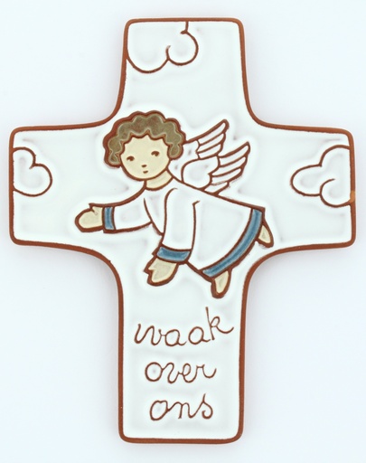 [MKR-58VG72A] Croix  céramique - 'Waak over ons' - blanche (95x120mm)