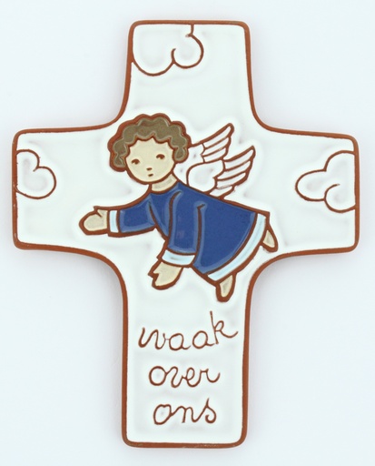 [MKR-58VG72D] Kruisbeeld keramiek - 'Waak over ons' - donkerblauw (95x120mm)