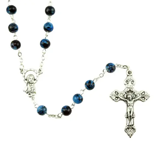 [RZK-05IM6BL] Rosaire - imitation marbre/chaîne - bleu (⌀6mm)