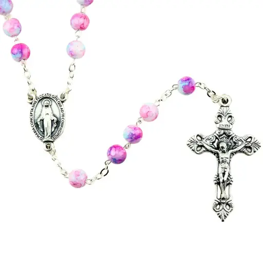 [RZK-05IM6RS] Rosaire - imitation marbre/chaîne - rose (⌀6mm)