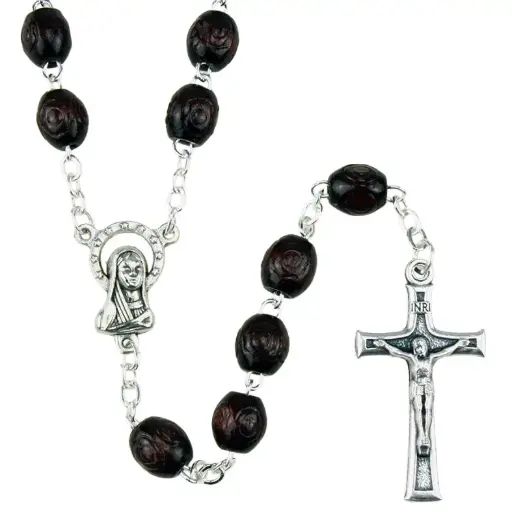 [RZK-05LB02P] Chapelet - perles en bois travaillé/chaîne - palissandre