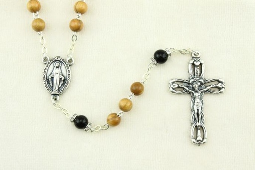 [RZK-35OL827ZW] Rozenkrans - olijfhouten kralen/zwarte OV (⌀ 6mm)