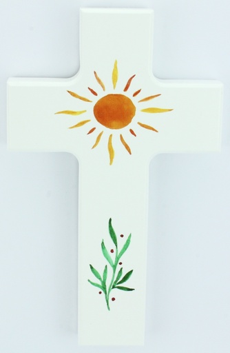 [MKR-01M002WT] Kruisbeeld hout/wit - Zon/grashalm (90x150mm)