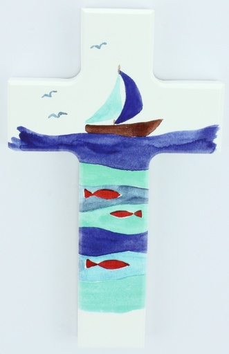 [MKR-01M004WT] Croix en bois/blanche - Bâteau/poisson (90x150mm)