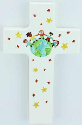 [MKR-01M005WT] Kruisbeeld hout/wit - Kinderen vd Wereld (90x150mm)