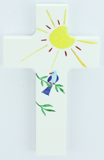 [MKR-01M008WT] Croix en bois/blanche - Soleil/oiseau (90x150mm)