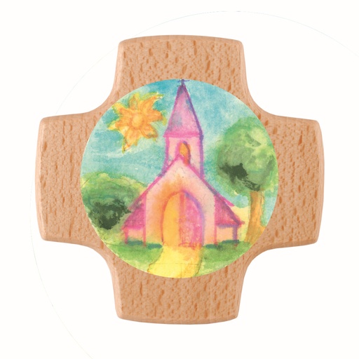 [MRL-810165] Croix murale en bois - Soleil/Eglise (85x85mm)