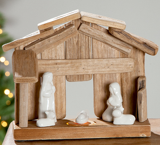 [STL-30M001] Stal hout - H Familie met 2 dieren/wit - 29x29x13cm