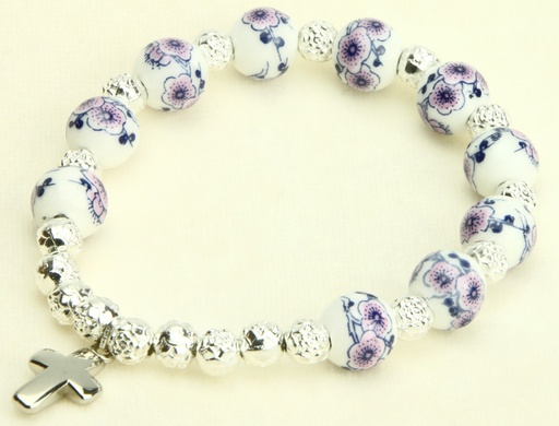 [ARM-35M001] Armband/tientje/elastisch - porcelein/assorti - 10mm/kruisje