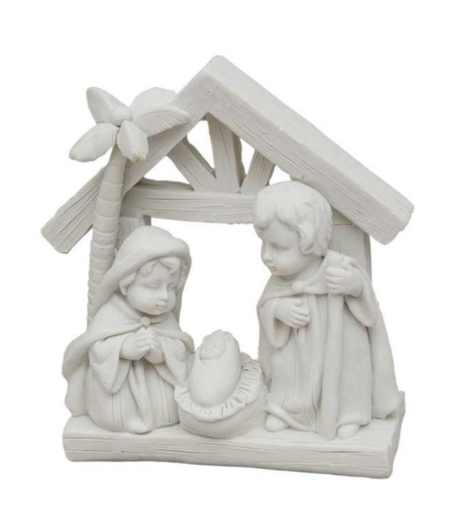 [KGR-92M001] Beeld H.Familie/stal - polystone/wit - 11,5x9,5x4,5 cm