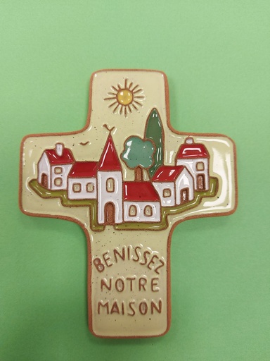 [MKR-58VG11D] Kreuz Keramik - 'Benissez notre...' -  Grün (95x120mm)