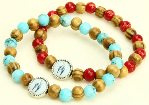 [ARM-35M006] Bracelet - élastique/bois d'olivier + verre/assorti - Vierge