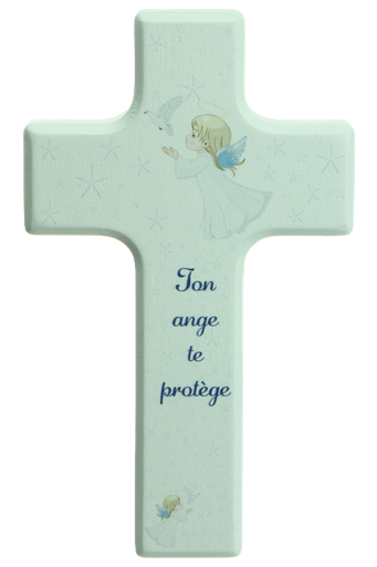 [MKR-41TFR480BL] Croix enfant bois/bleue - 'Ton ange te protège' (90x150mm)