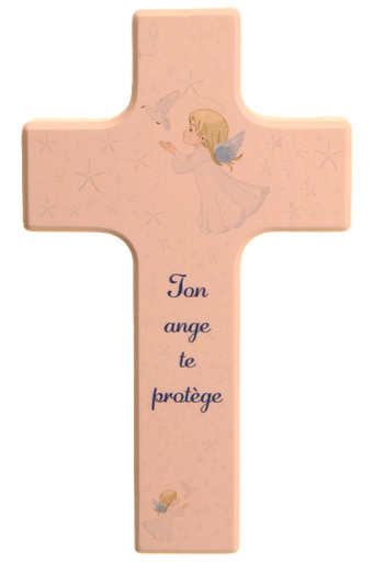 [MKR-41TFR480RS] Holzkreuz, Ahorn rosa - Französisch 'Ton ange te protège' (90x150mm)