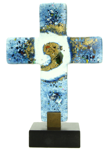 [MRL-890186] Croix en verre/bleue - soccle en bois (10x12cm)