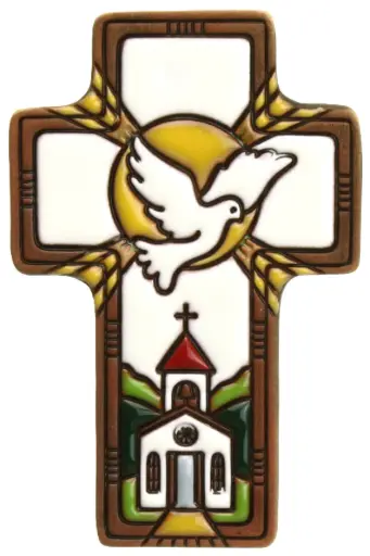 [MKR-03TZB01A] Croix ceramique 'Colombe/Epi/Eglise' - blanche (7x11cm)