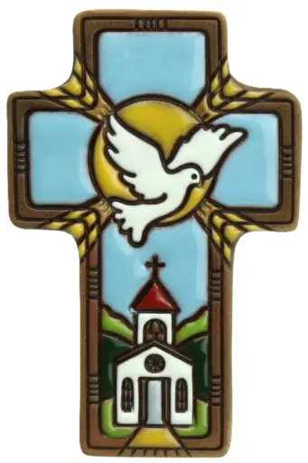 [MKR-03TZB01B] Kreuz Keramik 'Taube/Aren/Kirche' - Blau (7x11cm)