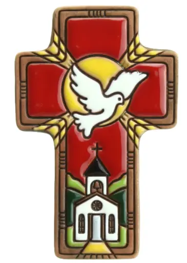 [MKR-03TZB01C] Croix ceramique 'Colombe/Epi/Eglise' - rouge (7x11cm)