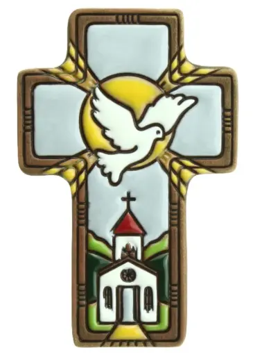 [MKR-03TZB01D] Kruisbeeld 'Duif/kerk/aren' - keramiek/grijs (7x11cm)