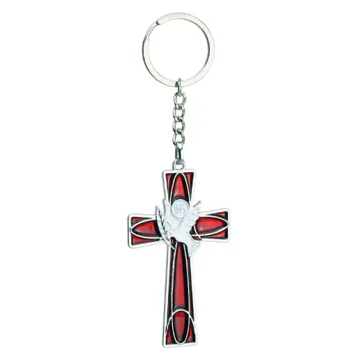 [SLH-98M004] Porte-clef Croix/colombe inox-blanche (35x60mm)