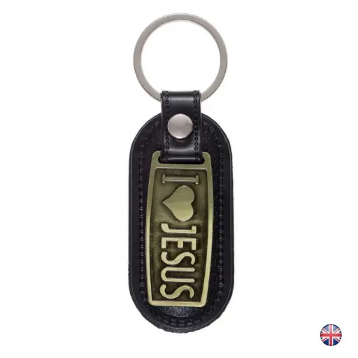 [SLH-72M03] Sleutelhanger 'I love Jesus' - metaal/leder (30x75mm)