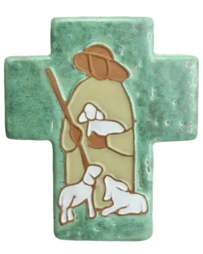 [MKR-02BON1F] Kruisbeeld keramiek - Goede Herder - Jade groen (90x110mm)